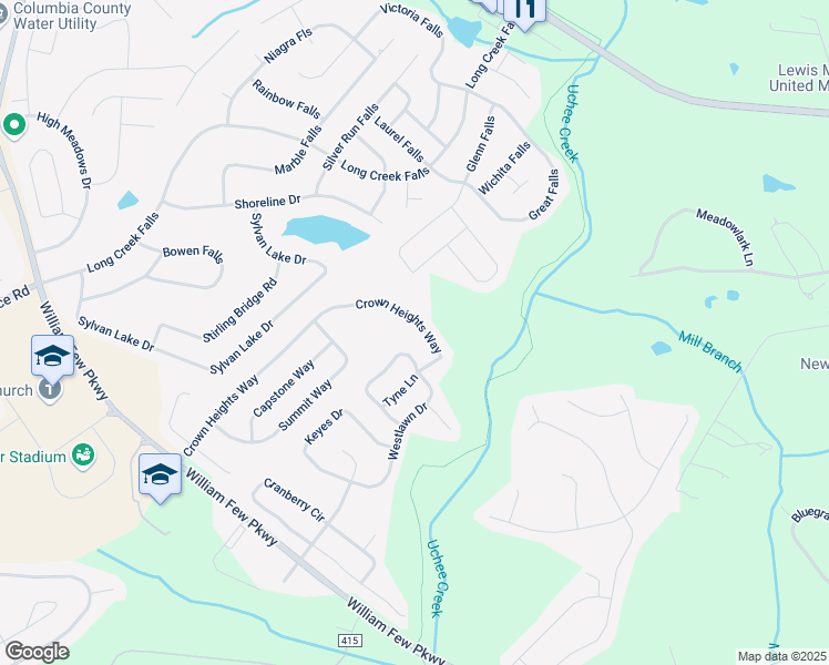 map of restaurants, bars, coffee shops, grocery stores, and more near 308 Crown Heights Way in Grovetown