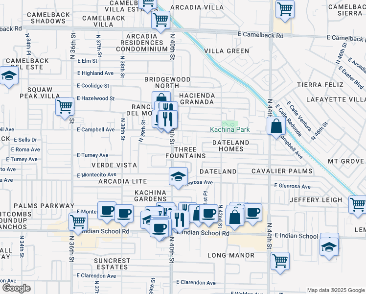 map of restaurants, bars, coffee shops, grocery stores, and more near 4401 North 40th Street in Phoenix