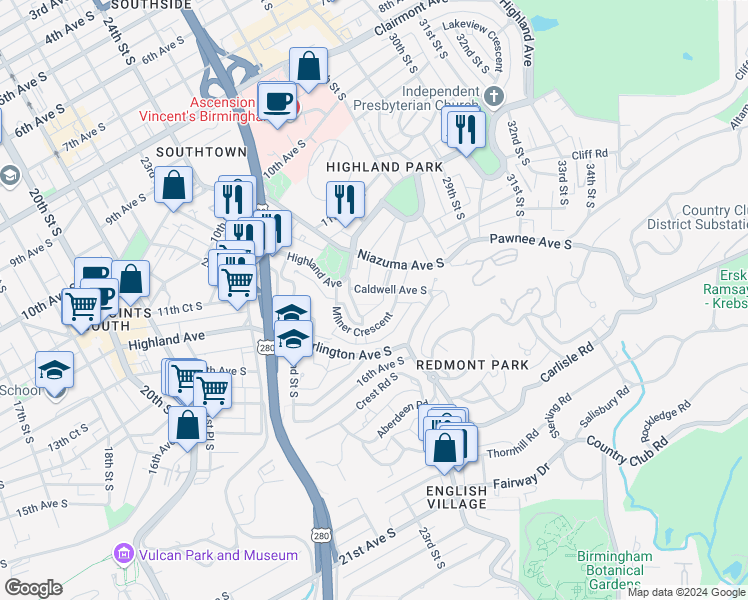 map of restaurants, bars, coffee shops, grocery stores, and more near 2521 Caldwell Avenue South in Birmingham