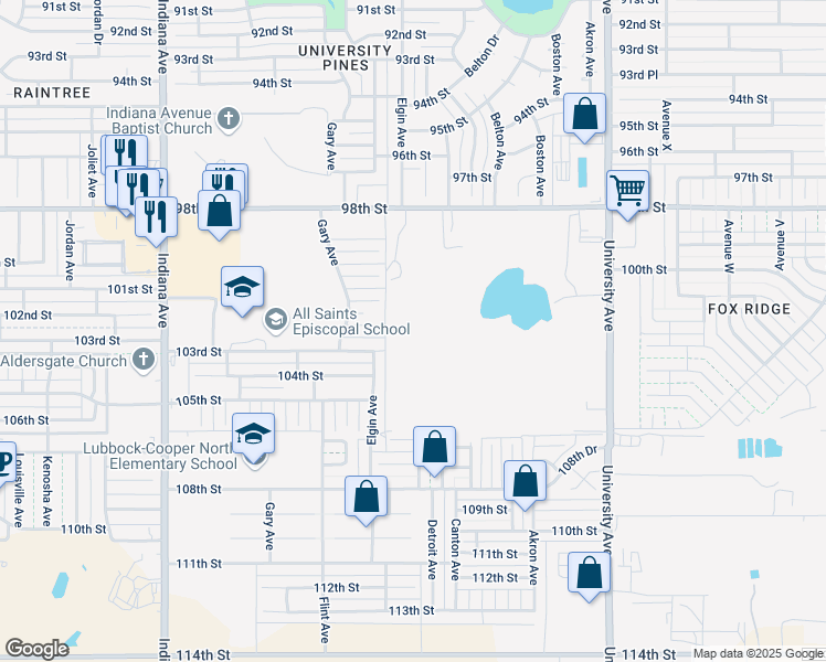 map of restaurants, bars, coffee shops, grocery stores, and more near 2006 102nd Street in Lubbock