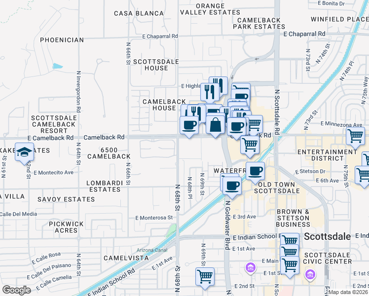 map of restaurants, bars, coffee shops, grocery stores, and more near 6815 East Camelback Road in Scottsdale