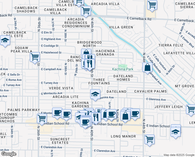 map of restaurants, bars, coffee shops, grocery stores, and more near 4401 North 40th Street in Phoenix