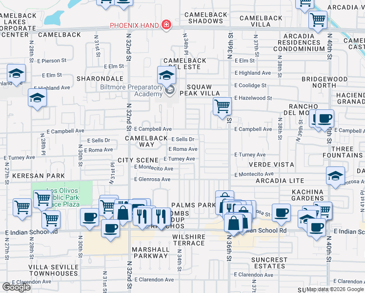 map of restaurants, bars, coffee shops, grocery stores, and more near 3423 East Roma Avenue in Phoenix