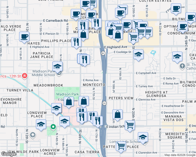 map of restaurants, bars, coffee shops, grocery stores, and more near 4487-4497 17th Pl in Phoenix