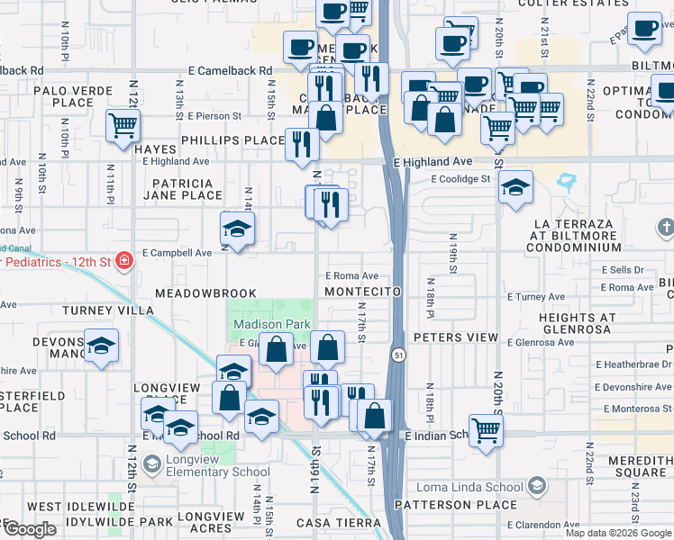 map of restaurants, bars, coffee shops, grocery stores, and more near 1615 East Roma Avenue in Phoenix
