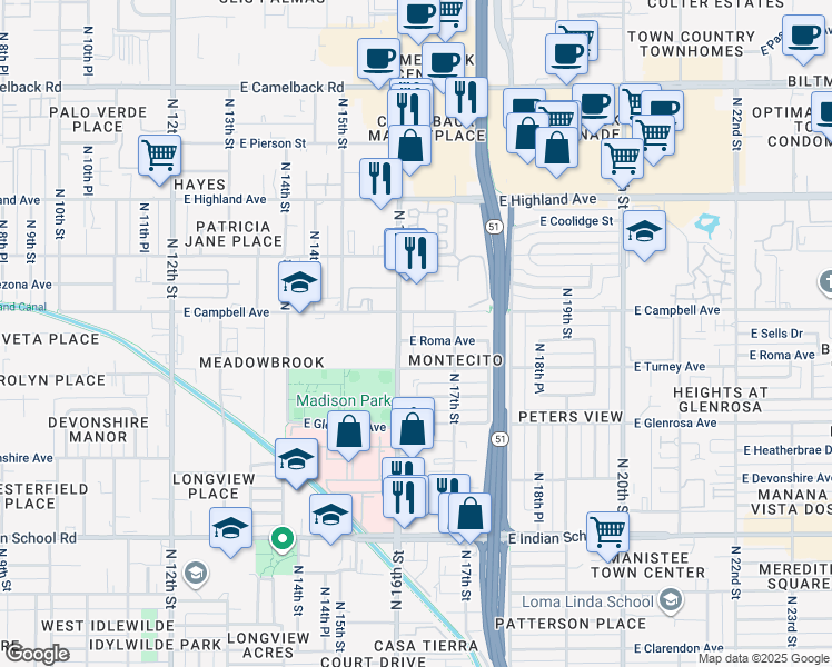 map of restaurants, bars, coffee shops, grocery stores, and more near 1615 East Roma Avenue in Phoenix