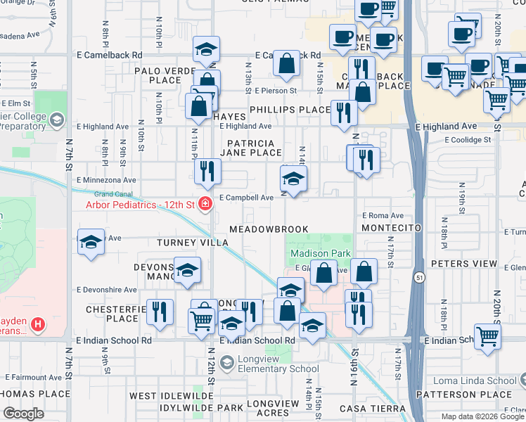 map of restaurants, bars, coffee shops, grocery stores, and more near 4428 North 13th Place in Phoenix
