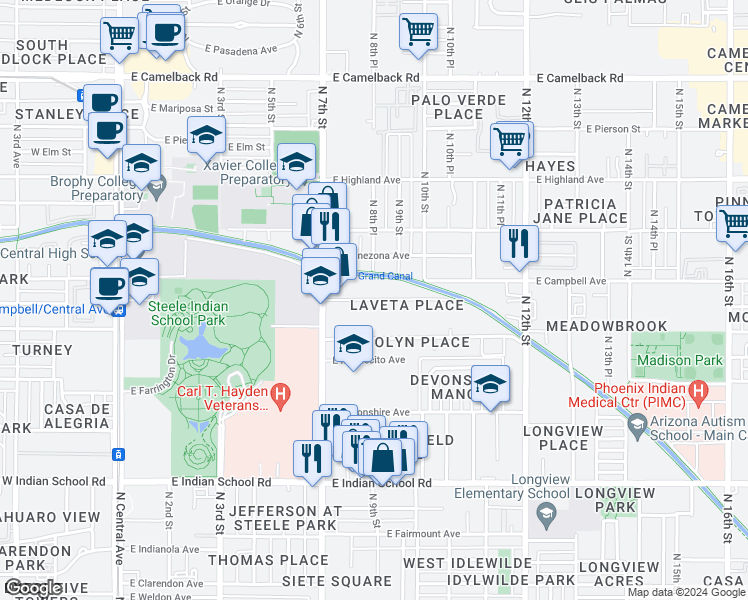 map of restaurants, bars, coffee shops, grocery stores, and more near 805 East Roma Avenue in Phoenix