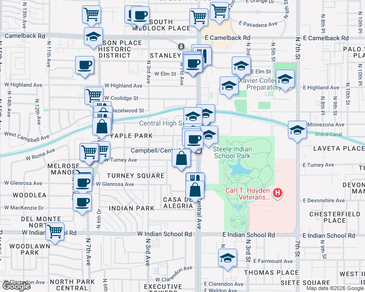map of restaurants, bars, coffee shops, grocery stores, and more near 1 West Campbell Avenue in Phoenix