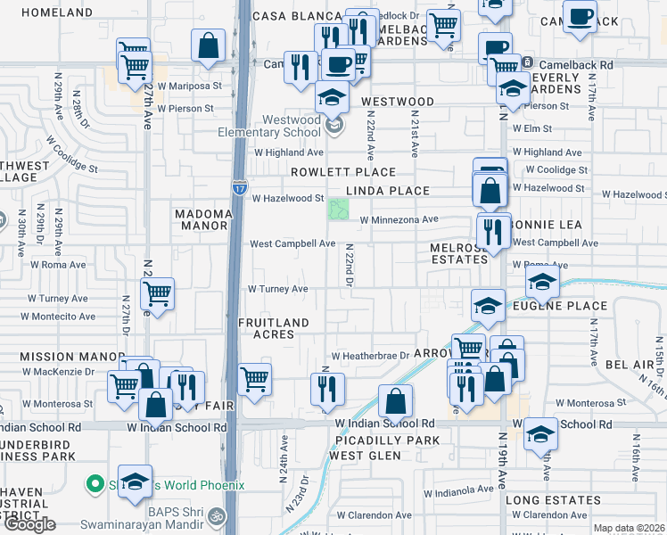 map of restaurants, bars, coffee shops, grocery stores, and more near 4430 North 23rd Avenue in Phoenix