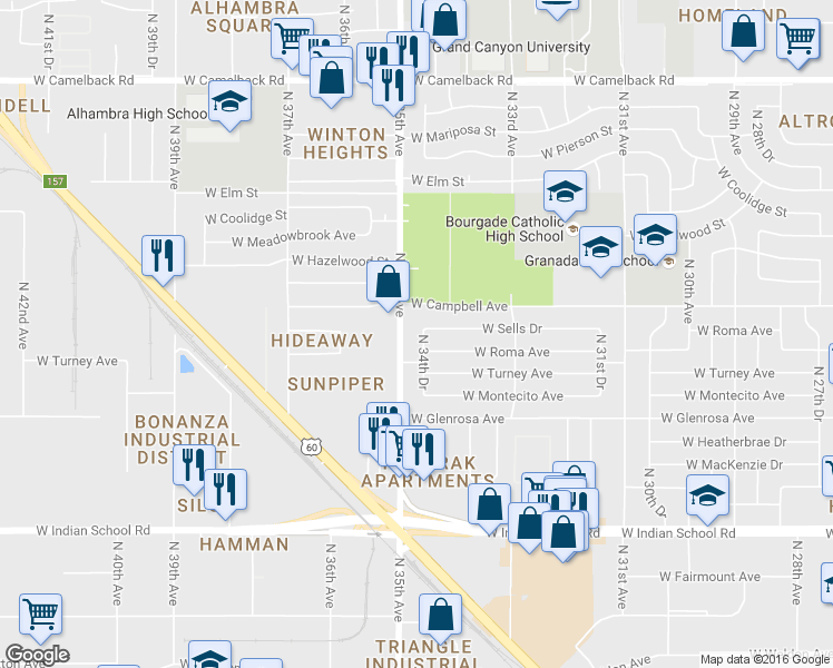 map of restaurants, bars, coffee shops, grocery stores, and more near 4422 North 34th Drive in Phoenix