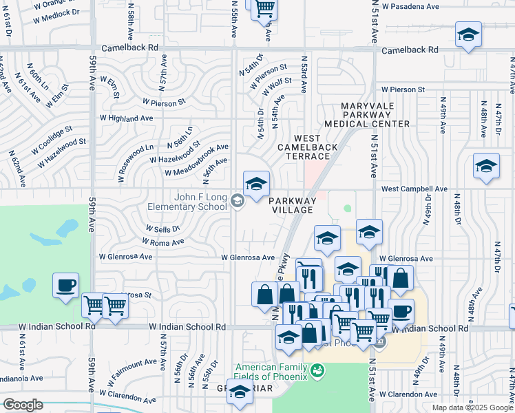 map of restaurants, bars, coffee shops, grocery stores, and more near 4407 North 55th Avenue in Phoenix