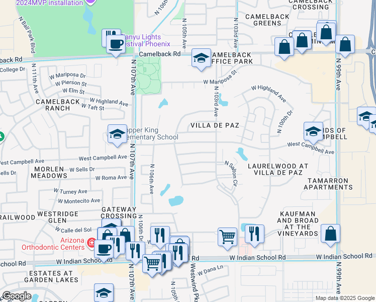 map of restaurants, bars, coffee shops, grocery stores, and more near 10417 West Calle De Edens in Phoenix