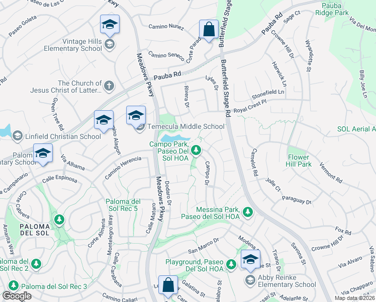 map of restaurants, bars, coffee shops, grocery stores, and more near 32481 Campo Drive in Temecula