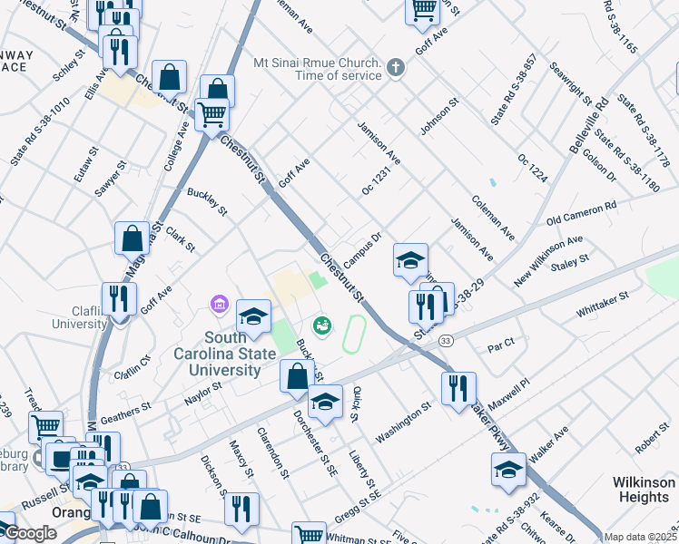 map of restaurants, bars, coffee shops, grocery stores, and more near 301-399 Chestnut Street in Orangeburg