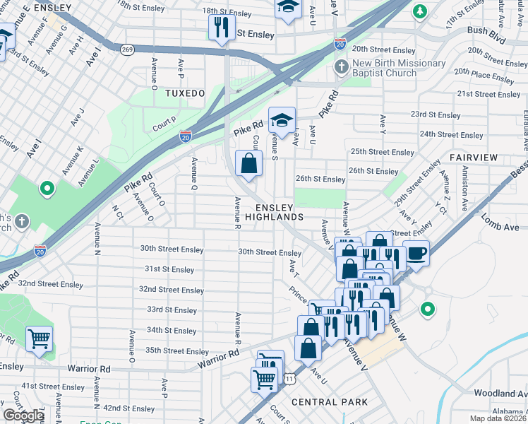 map of restaurants, bars, coffee shops, grocery stores, and more near 2802 Ensley 5 Points West Avenue in Birmingham