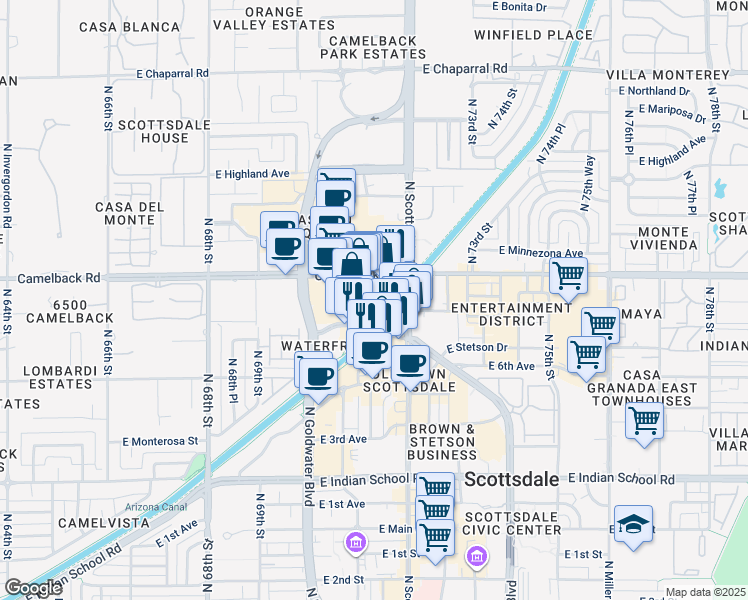 map of restaurants, bars, coffee shops, grocery stores, and more near 7181 East Camelback Road in Scottsdale
