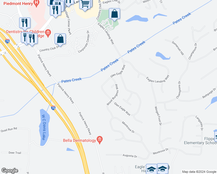 map of restaurants, bars, coffee shops, grocery stores, and more near 205 Glen Abbey Court in McDonough
