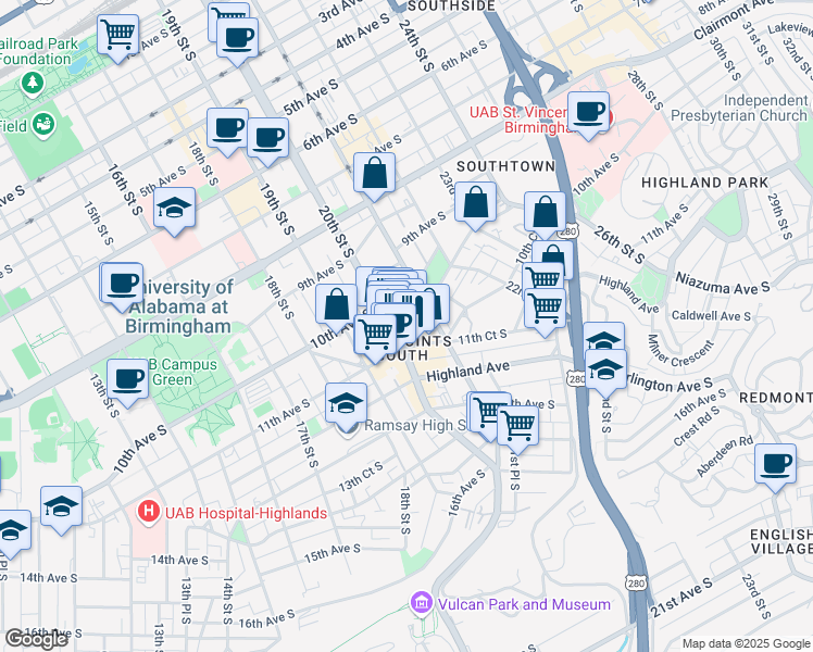 map of restaurants, bars, coffee shops, grocery stores, and more near 1927 11th Avenue South in Birmingham