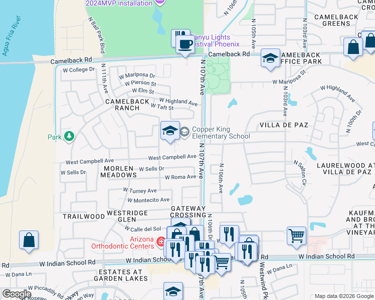map of restaurants, bars, coffee shops, grocery stores, and more near 10730 West Campbell Avenue in Phoenix