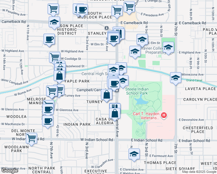 map of restaurants, bars, coffee shops, grocery stores, and more near 1 West Campbell Avenue in Phoenix