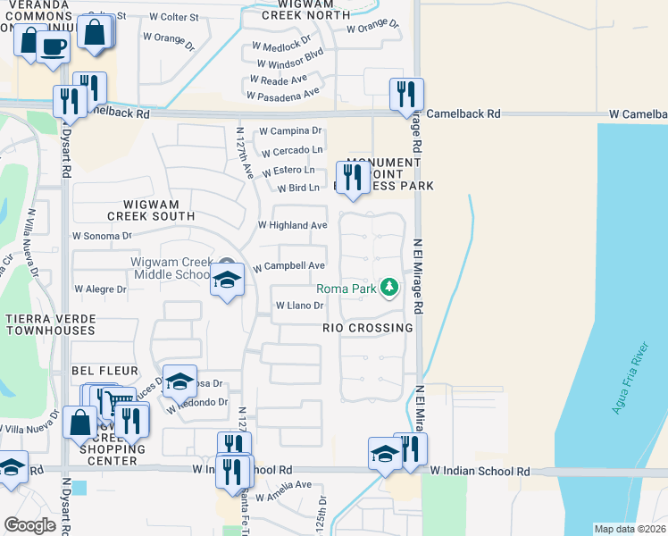 map of restaurants, bars, coffee shops, grocery stores, and more near 4610 North 124th Avenue in Avondale