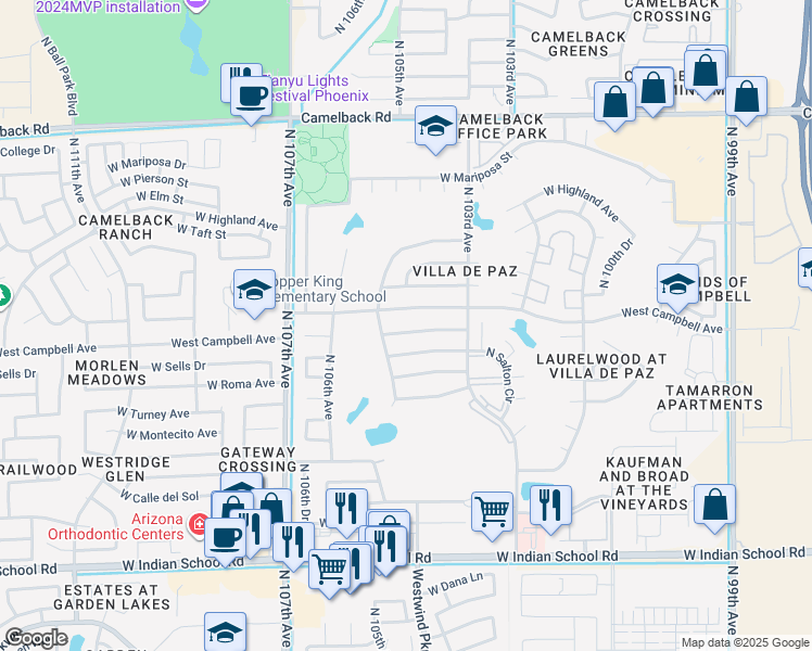 map of restaurants, bars, coffee shops, grocery stores, and more near 10417 West Calle De Edens in Phoenix