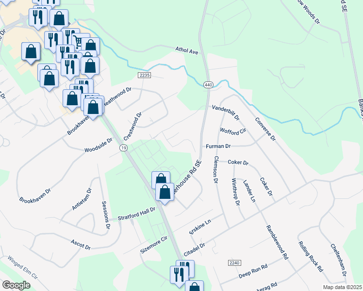map of restaurants, bars, coffee shops, grocery stores, and more near 624 Kensington Court Southeast in Aiken