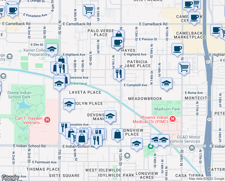 map of restaurants, bars, coffee shops, grocery stores, and more near 1125 East Campbell Avenue in Phoenix