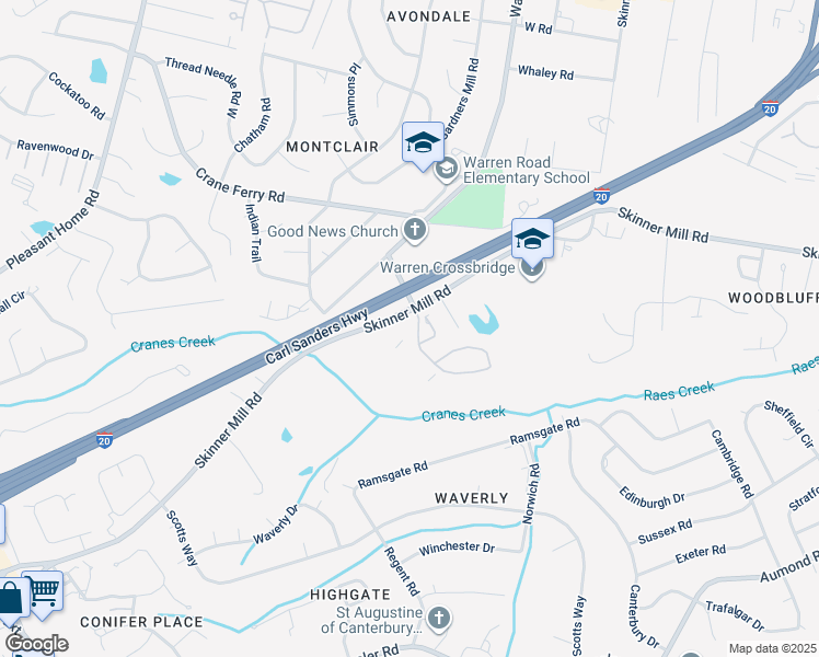 map of restaurants, bars, coffee shops, grocery stores, and more near 3150 Skinner Mill Road in Augusta