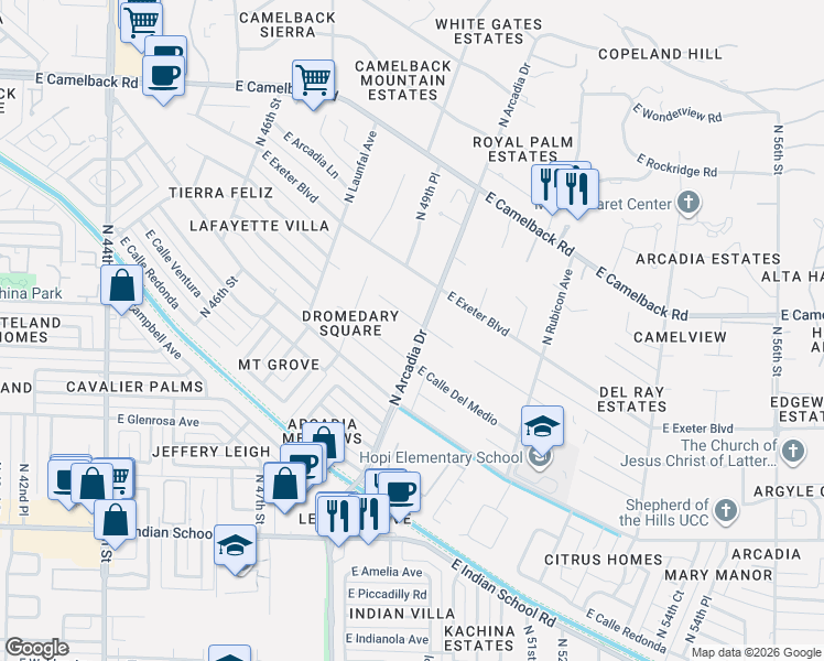 map of restaurants, bars, coffee shops, grocery stores, and more near 4886 East Calle Del Medio in Phoenix
