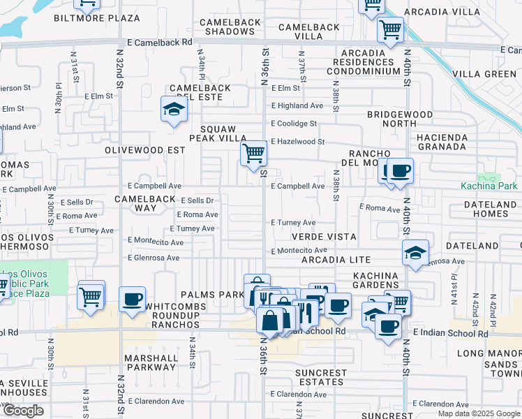 map of restaurants, bars, coffee shops, grocery stores, and more near 4352 North 36th Street in Phoenix