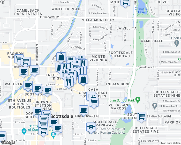 map of restaurants, bars, coffee shops, grocery stores, and more near in Scottsdale
