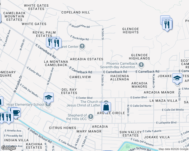 map of restaurants, bars, coffee shops, grocery stores, and more near 4422 North 56th Street in Phoenix