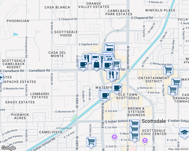map of restaurants, bars, coffee shops, grocery stores, and more near 6991 East Camelback Road in Scottsdale
