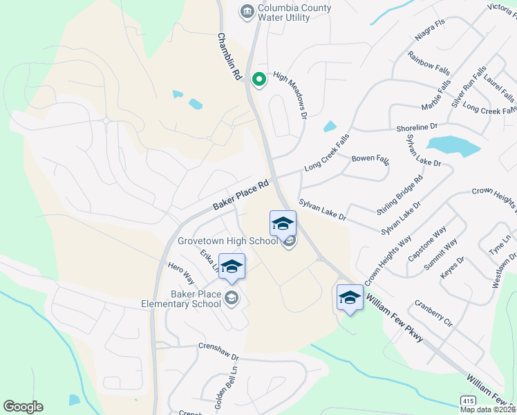 map of restaurants, bars, coffee shops, grocery stores, and more near 420 Baker Place Road in Grovetown