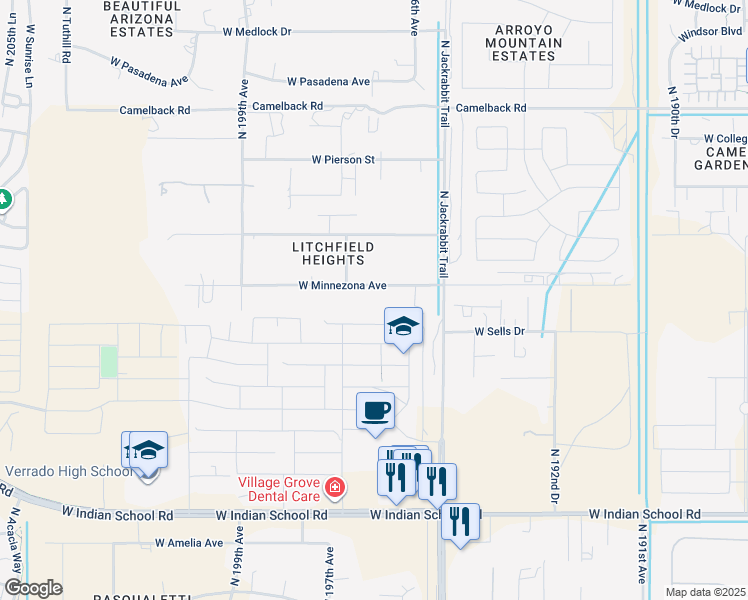 map of restaurants, bars, coffee shops, grocery stores, and more near 19629 West Minnezona Avenue in Litchfield Park