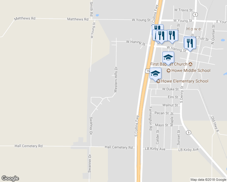map of restaurants, bars, coffee shops, grocery stores, and more near 720 Western Hills Drive in Howe