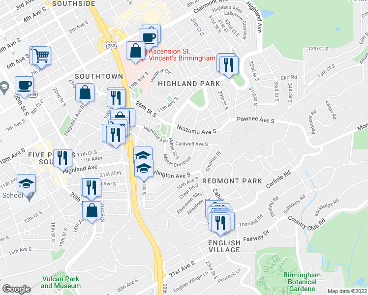 map of restaurants, bars, coffee shops, grocery stores, and more near 1430 Milner Street South in Birmingham