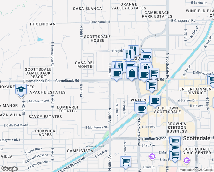 map of restaurants, bars, coffee shops, grocery stores, and more near 6815 East Camelback Road in Scottsdale