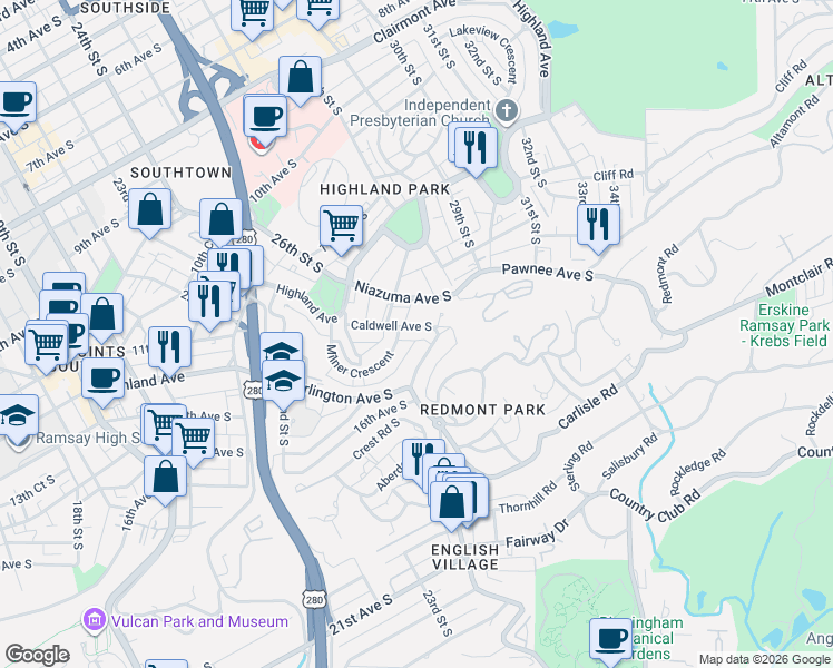 map of restaurants, bars, coffee shops, grocery stores, and more near 1415 Smolian Place in Birmingham