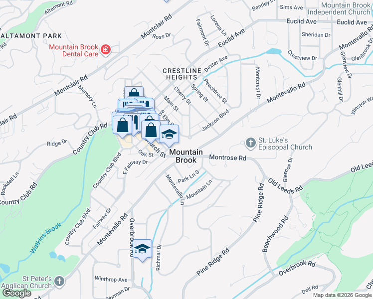 map of restaurants, bars, coffee shops, grocery stores, and more near 3800 Montevallo Road in Birmingham