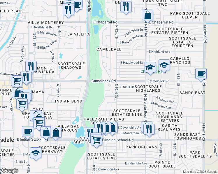 map of restaurants, bars, coffee shops, grocery stores, and more near 8145 East Camelback Road in Scottsdale