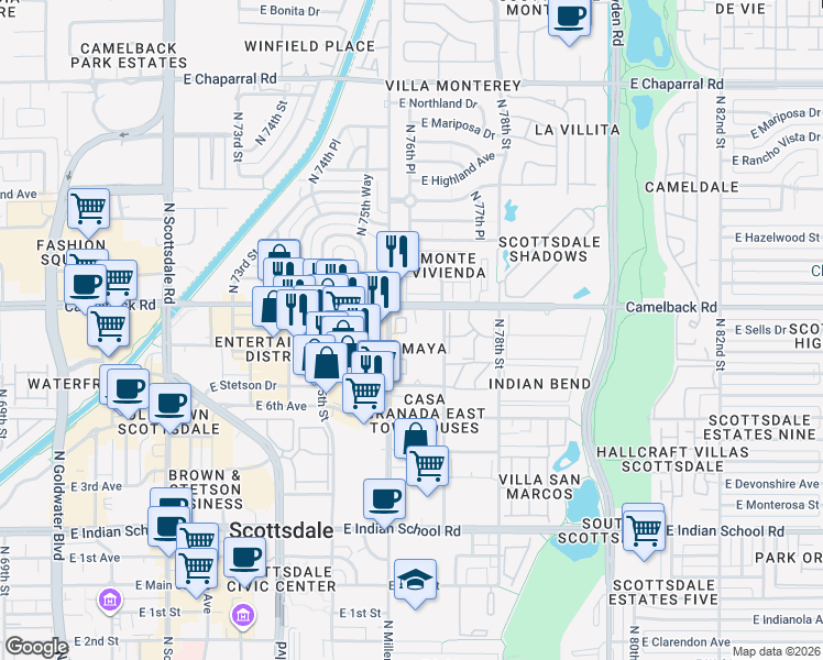 map of restaurants, bars, coffee shops, grocery stores, and more near in Scottsdale