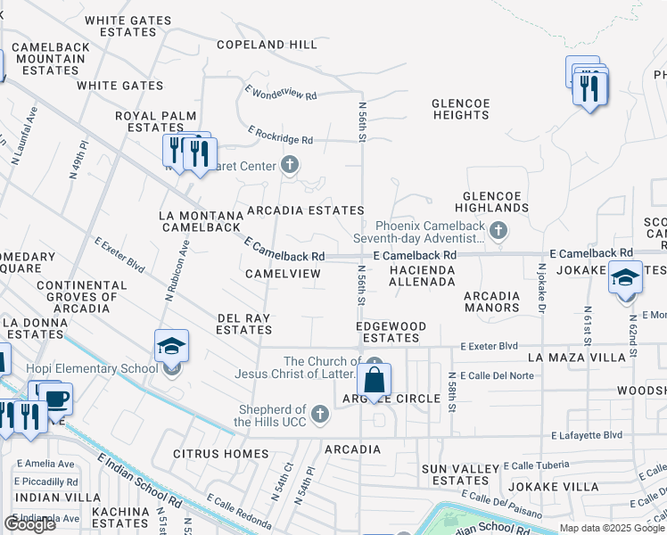map of restaurants, bars, coffee shops, grocery stores, and more near 4422 North 56th Street in Phoenix