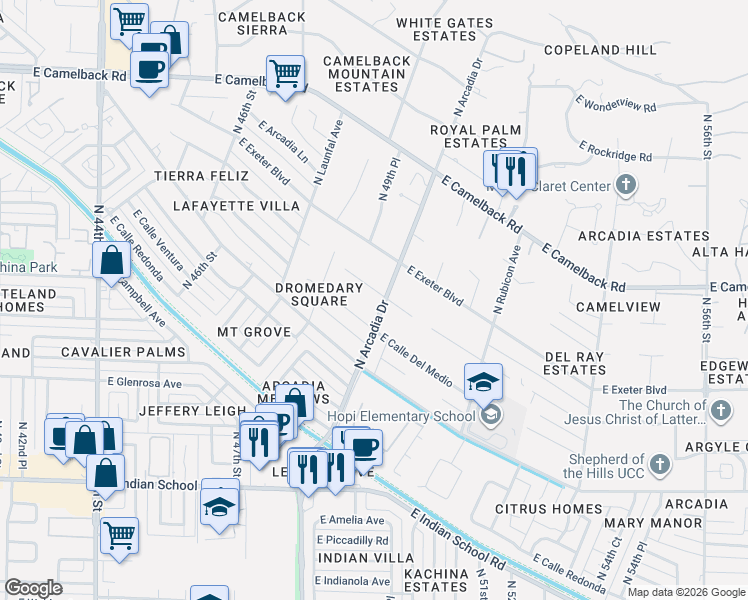 map of restaurants, bars, coffee shops, grocery stores, and more near 4886 East Calle Del Medio in Phoenix