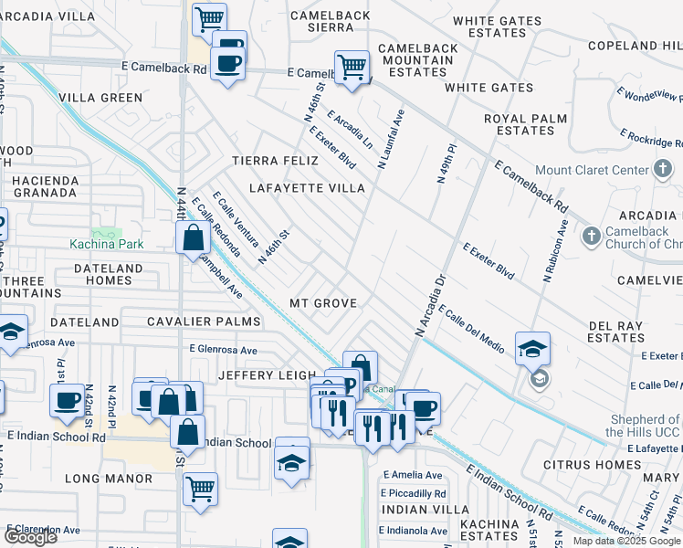 map of restaurants, bars, coffee shops, grocery stores, and more near 4702 East Calle Tuberia in Phoenix