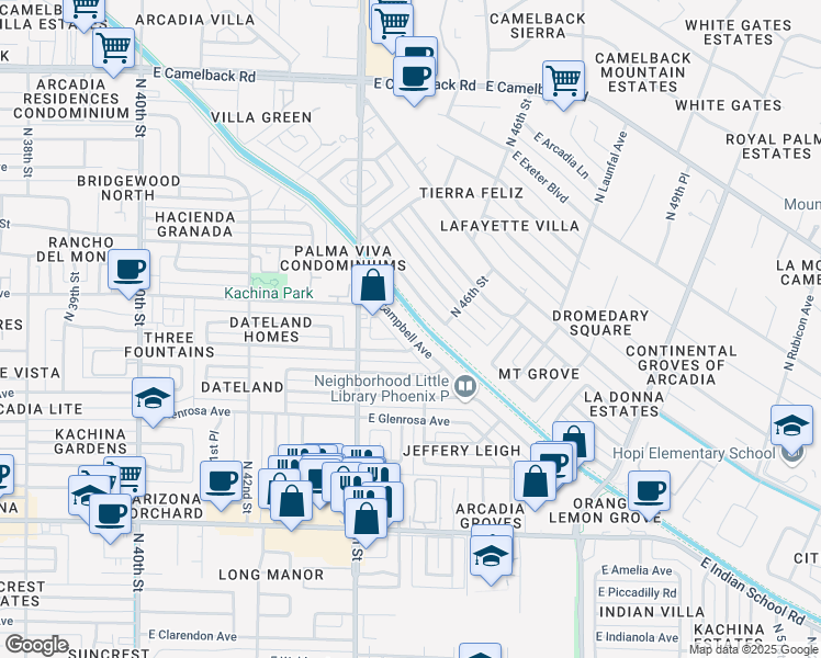 map of restaurants, bars, coffee shops, grocery stores, and more near 4428 East Roma Avenue in Phoenix
