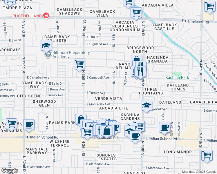 map of restaurants, bars, coffee shops, grocery stores, and more near 3734 East Turney Avenue in Phoenix