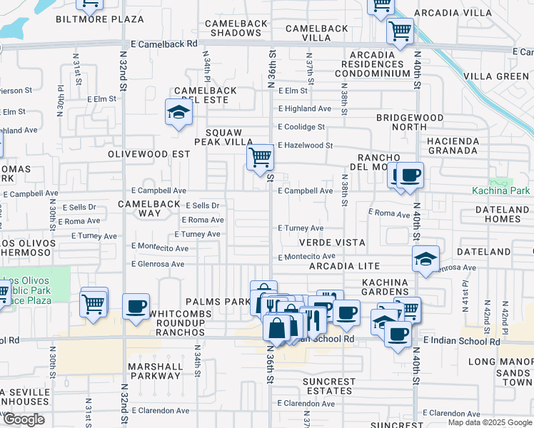 map of restaurants, bars, coffee shops, grocery stores, and more near 4352 North 36th Street in Phoenix